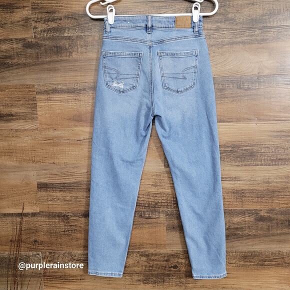 American Eagle Mom Jeans 00 S High Rise Medium Light Wash Stretch Denim - Picture 2 of 12